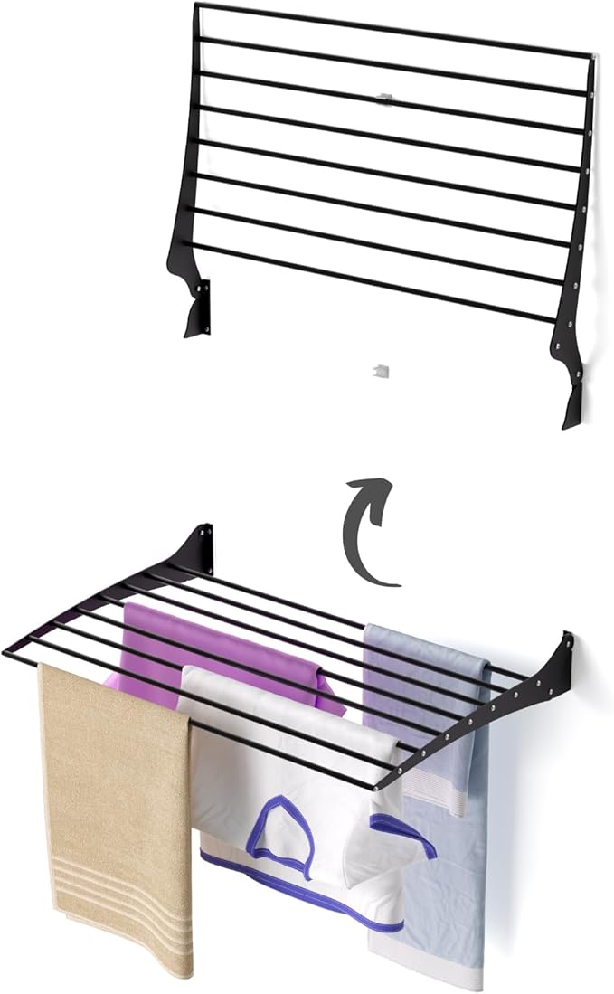 foxydry Fold Wall Mounted Clothes Drying Rack, Black Folding Laundry Airer for Indoor or Outdoor Use Aluminium and Steel 31.5x20x21 in (31.5 in / 80 cm)