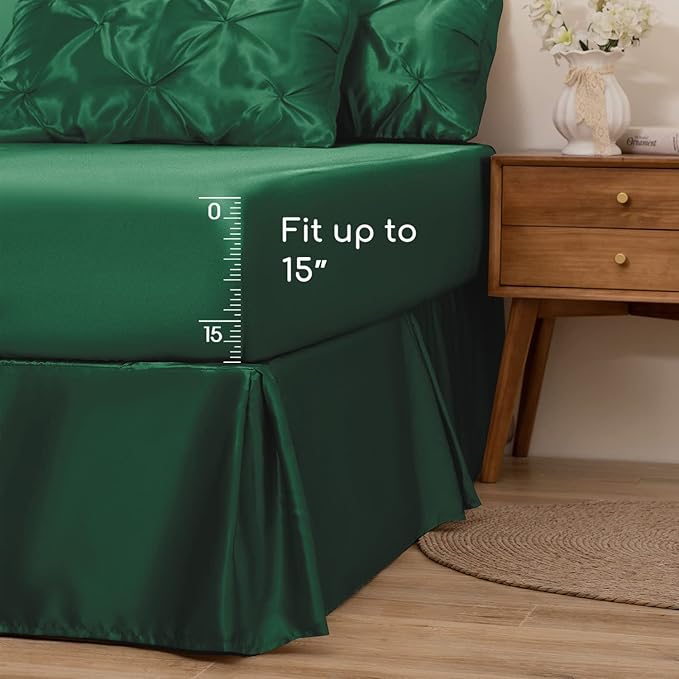 MR&HM Satin Comforter Queen 7 Pieces - Luxurious Pinch Pleat Bedding Set with Comforter, Flat Sheet, Fitted Sheet, Pillowcases & Shams, Super Silky Soft Bed Set for All Season (Queen, Dark Green)