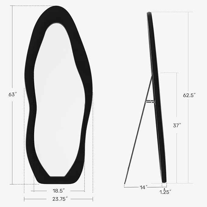 Full Length Mirror, 63"x24" Full Body Mirrors, Flannel Floor Mirrors with Stand, Irregular Wavy Mirror Hanging or Leaning Against Wall for Bedroom Living Room, Black