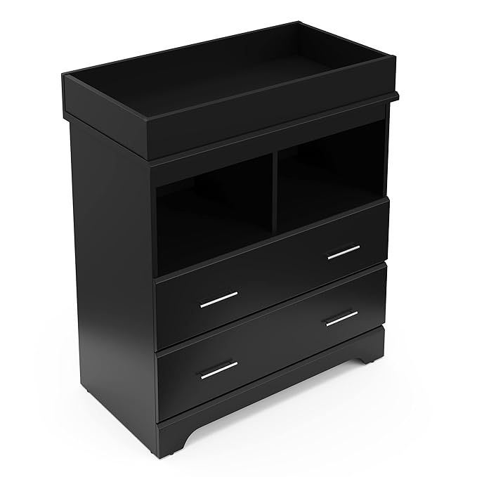 Storkcraft Brookside 2 Drawer Changing Table Dresser (Black) – GREENGUARD Gold Certified Baby Dresser with Changing Table Top, Baby Changing Table Dresser, Includes Interlocking Drawer System