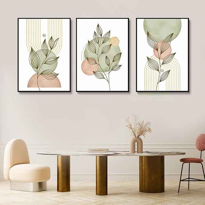 3Pcs Sage Green Boho Canvas Wall Art Modern PinkBotanical Posters Print Abstract With Leafr Pictures Wall Decoration For Living Room Bedroom Bathroom UnFramed