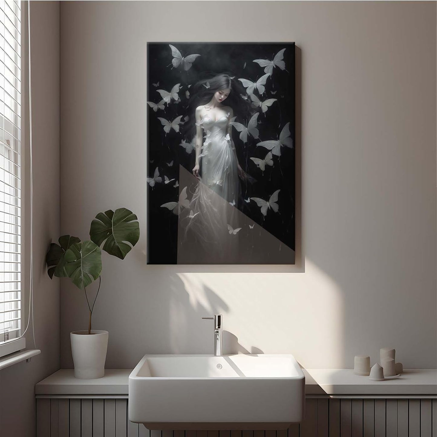 Vintage Gothic Feminine Canvas Wall Art Print Butterfly Poster Moody Female Wall Art Retro Artwork Dark College Decor for Home Bedroom16x24in Wood Framed
