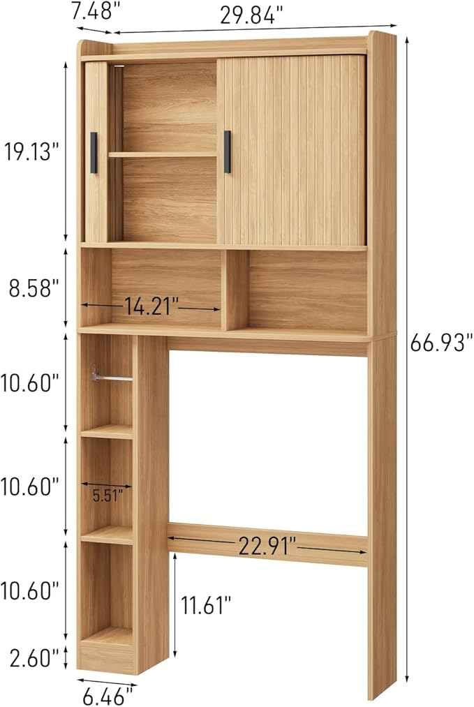 Over The Toilet Storage Cabinet,Farmhouse Toilet Cabinet Rack with 2 Tambour Sliding Doors and Toilet Paper Holder Stand，Toilet Shelf Space Saver with Towel Rack for Bathroom, Restroom, Laundry