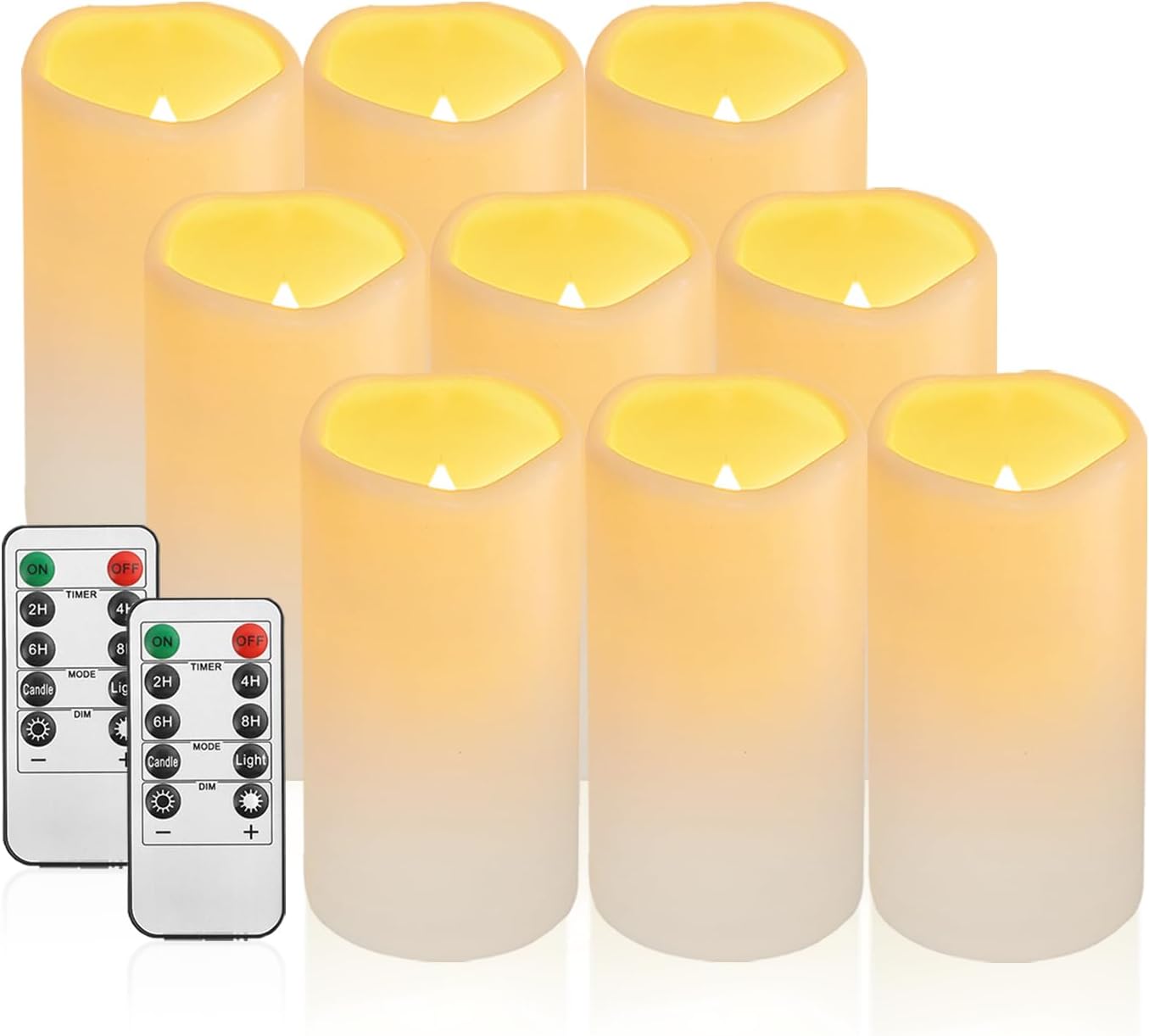 9PACK Outdoor Plastic flameless Candles with Remote Control and Timer, LED Flickering Battery Operated Electric Pillar Candles (D3 xH5.5) for Camping, Weddings, Home Decoration