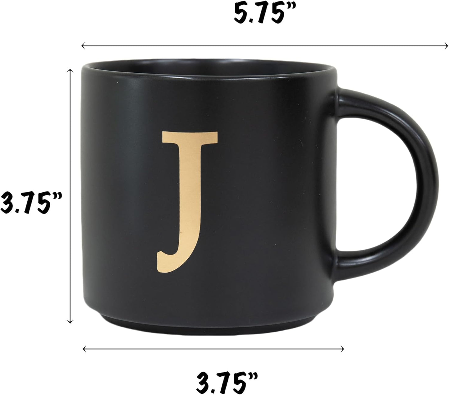COLLECTIVE HOME - Monogram Ceramic Mugs, 15 oz Golden Initial Black Coffee Cups, Elegant Alphabet Tea Mugs, Elegant Personalized Mug with Gift Box, Unique Mug with Double Side Capital Lette (J)
