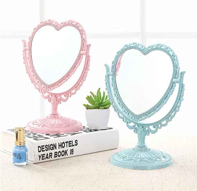 AKOAK Heart-Shaped Cosmetic Mirror - Plastic, Double-Sided, Rotatable, Lightweight - Bathroom & Bedroom Mirror (Blue)