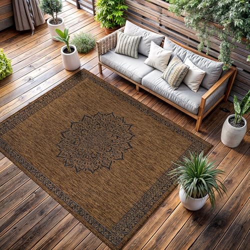 Outdoor Rug 9x12 Medallion Gold Modern Large Area Rugs for Indoor and Outdoor Patios Kitchen and Hallway Mats Washable Porch Deck Outside Carpet (108 Sq Ft)