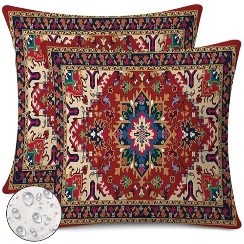 Outdoor Waterproof Throw Pillow Covers Set of 2 Tribal Abstract Colorful Floral Carpet Pattern Decorative Farmhouse Pillow Covers for Couch Sofa Patio Furniture (8 Count)