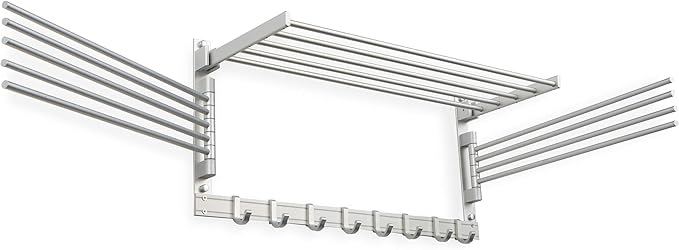brightmaison BGT Wash Clothes Drying Rack Wall Mount Laundry Room Organizer with Hooks & Swing Arms, 24" Metal Laundry Rack Silver