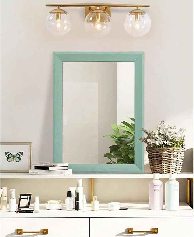 AAZZKANG Wood Framed Mirror Rectangle Modern Farmhouse Wall Mirrors Decor Large 20"x16" for Bedroom Living Room Bathroom Dressing Room Green