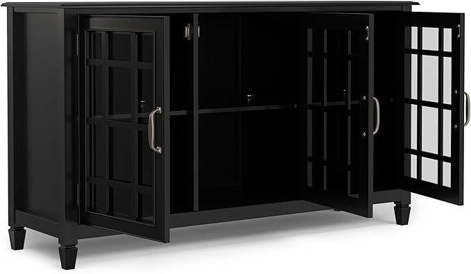 SIMPLIHOME Connaught Storage Cabinet - 60 inch Wide Solid Wood Buffet in Black, Traditional Sideboard for Dining Room, Entryway, or Living Room with Glass Doors, Adjustable Shelves, and Notched Legs