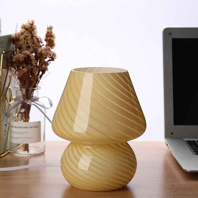Glass Mushroom Bedside Table Lamp, Yellow Translucent Murano Vintage Style Striped Small Nightstand Desklamp Swirl Light for Home Decor, Dining, Living, Bedroom, Gift (Stripe Yellow)