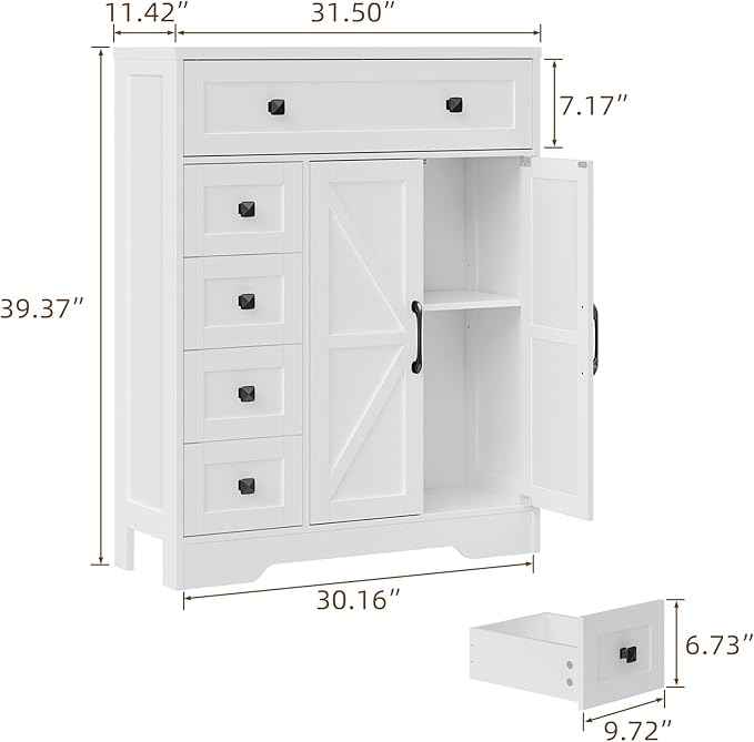 Vabches Farmhouse Storage Cabinet with 2 Doors and 5 Drawers, Freestanding Bathroom Cabinets Kitchen Pantry, Floor Storage Cabinet Hutch Cupboard for Living Room/Bathroom/Kitchen.White