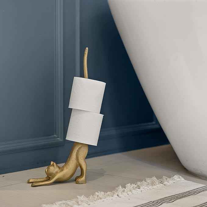 WallCharmers Gold Paper Towel Holder, Metal Toilet or Kitchen Paper Holder for Floor or Countertop, Gold Cat