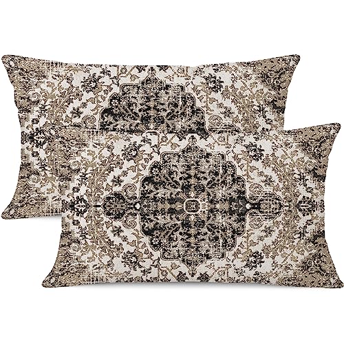 Waterproof Throw Pillow Covers 12X20 Inch Set of 2 Bohemian Vintage Carpet Pattern Black Grey Ethnic Design Decorative Farmhouse for Couch Garden Balcony (7.5 Count)