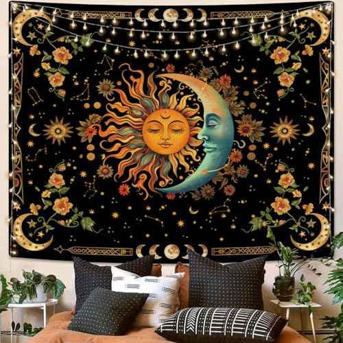Sun and Moon Tapestry Astrology Space Wall Hanging Boho Hippie Floral Plant Tapestries Aesthetic Vintage Mandala Flower Decor for Living Room Bedroom
