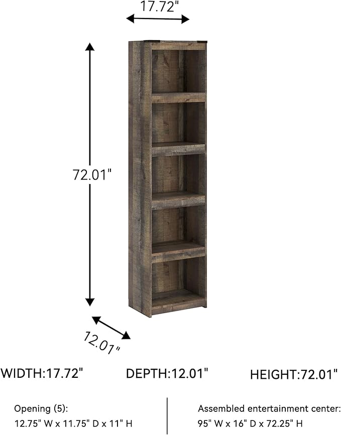 Signature Design by Ashley Trinell Rustic Entertainment Center Pier Bookcase with 3 Adjustable Shelves, Natural Brown
