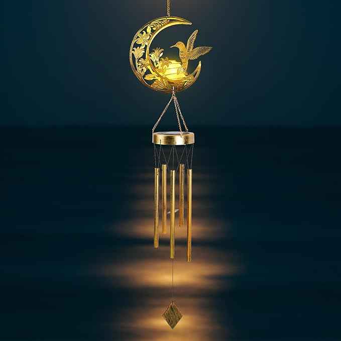 Moon Hummingbird Wind Chime Outdoor, Handcrafted Metal Garden Wind Chimes with Hummingbird Charms, Melodic Wind Bells for Patio Porch Decor, Weatherproof Gift for Nature Lovers & Bird Watchers