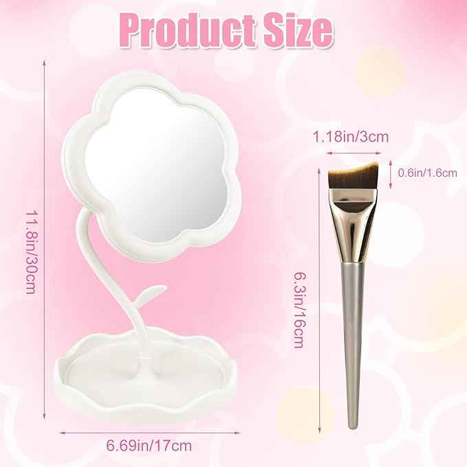 Desk Mirror, Desk Flower Compact Adjustable Vanity Mirror, Office Cubicle with Jewelry Tray & Foundation Brush, Cute Makeup Mirror with Standing, Home Decor for Bedroom Living Room Dormitory(White)
