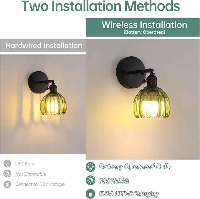 Vintage Battery Operated Wall Sconce with Green Tulip Glass Lampshade Rechargeable Battery Powered Black Wall Light with Remote Control for Bedside Bedroom Doorway, Set of 2
