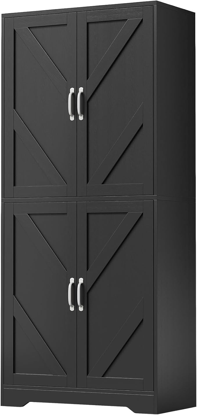 IDEALHOUSE 70" Kitchen Pantry Storage Cabinet, Farmhouse Kitchen Cabinet with 4 Doors & 3 Adjustable Shelves, Freestanding Cupboard for Dining Room,Living Room,Black