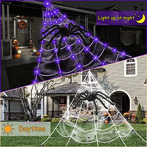 Spider Web Halloween Decorations Outdoor Lights (Battery-Purple Lights with Large Spider)
