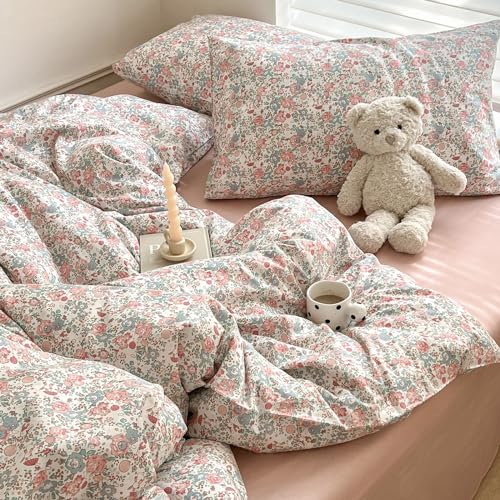 Queen Size Comforter Set Boho Pink Floral Bedding Comforter with 2 Pillowcases Vintage Garden Style Boho Comforter for Queen Bed Cute Flower Bedding Fluffy Cottagecore Botanical Comforter Set