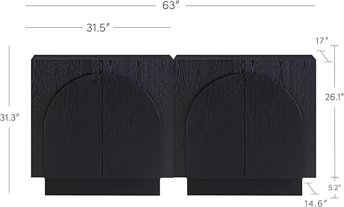 Nathan James Iris Mid-Century Modern Credenza, Black TV Stand, Living Room Wood Storage Cabinet with Arched Cabinet Doors, Black Credenza Cabinet for Kitchen or Living Room, Black Oak, Set of 2