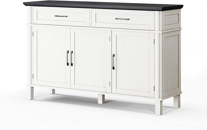 48 Inches Sideboard Buffet Cabinet with Storage, Farmhouse Sideboard Buffet w/2 Drawers and 3 Doors, Kitchen Cabinet with Adjustable Shelf, Wood Console Table for Living Room, Hallway, Off White&Black