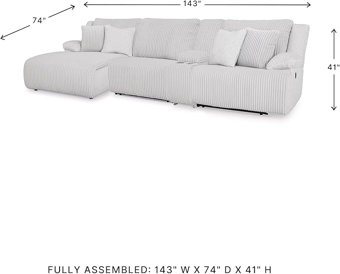 Signature Design by Ashley Top Tier Casual Manual Left-Arm Facing 4-Piece Reclining Sectional with Chaise, Console, Storage, 2 Cup Holders and 4 Accent Pillows, Light Gray