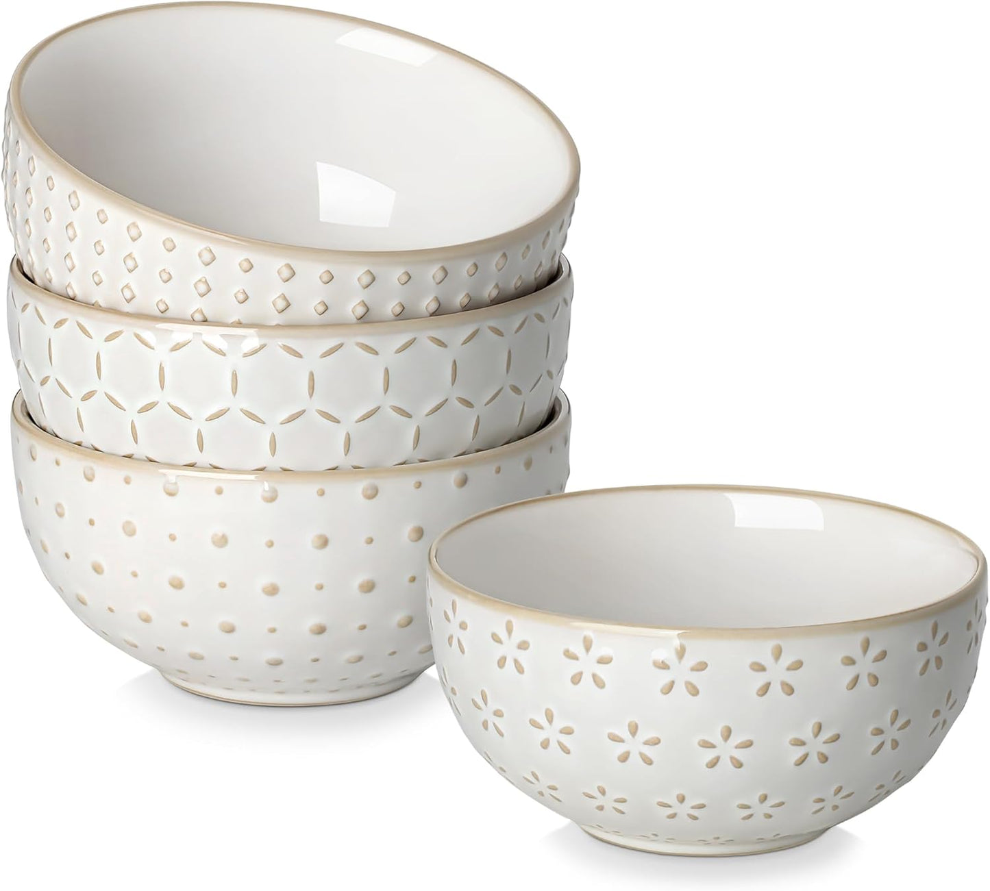 MALACASA Small Bowls, 14 Ounce Ice Cream Bowl, Stoneware Dessert Bowls Set of 4 with Embossment for Snack, Chip, Fruits, Side Dishes - 4.5 Inch, Arctic White Series LYDIA