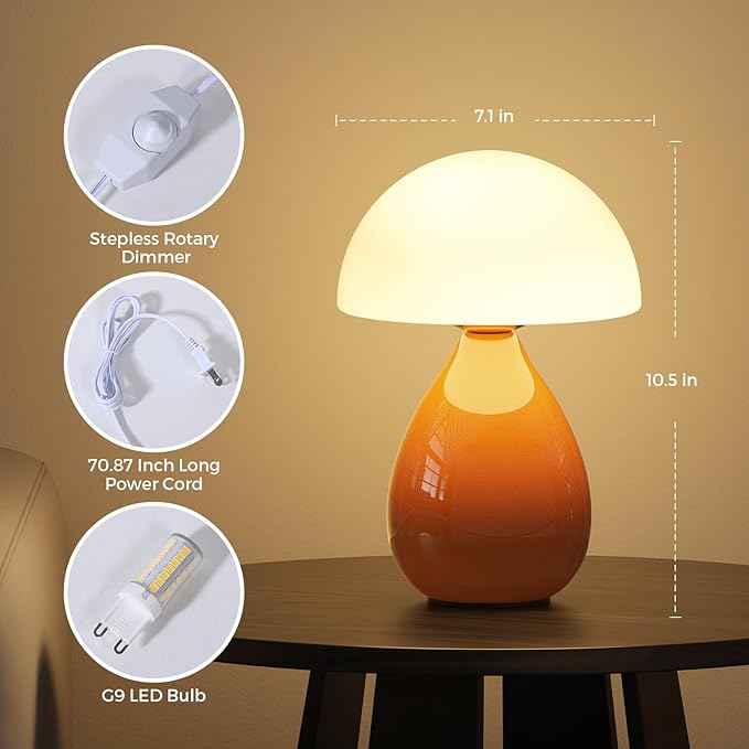 Mushroom Lamp, Vintage Small Table Lamp for Bedroom, Ice Crack Ceramic LED Night Light for Kids, Mid Century Modern Bedside Lamp for Nightstand, Living Room, Home Decor Gift Ideas for Women, Orange