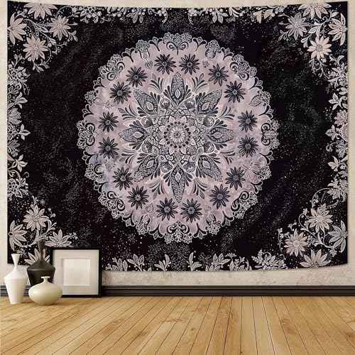 Boho Floral Mandala Tapestry Wall Hanging Grey Bohemian Flower Medallion Tapestry Aesthetic Gray Black Hippie Indian Small Tapestries for Bedroom Living Room Dorm Decor 48 x 36 Inch