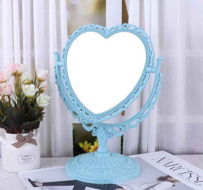 AKOAK Heart-Shaped Cosmetic Mirror - Plastic, Double-Sided, Rotatable, Lightweight - Bathroom & Bedroom Mirror (Blue)