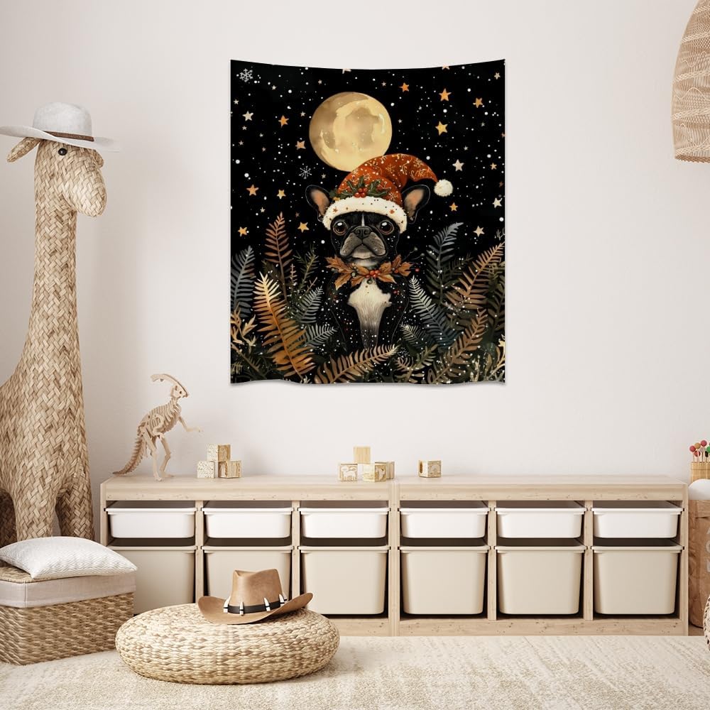 French Bulldog Christmas Tapestry Wall Hanging Cute Dog Santa Hat Moon Pictures Print Pet Lover Gift Funny Christmas Tapestries Aesthetic for Winter Home Nursery Kids Bedroom Decor 40x60inch