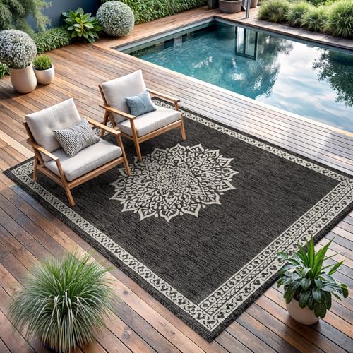 Outdoor Rug 9x12 Medallion Darkgray Modern Large Area Rugs for Indoor and Outdoor Patios Kitchen and Hallway Mats Washable Porch Deck Outside Carpet (108 Sq Ft)