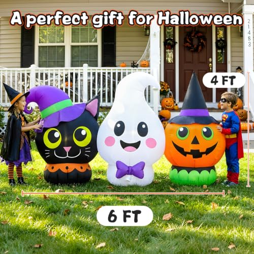 6FT Halloween Inflatables Pumpkin Ghost and Cat Outdoor Decorations with LED Lights (6FT Pumpkin Ghost)