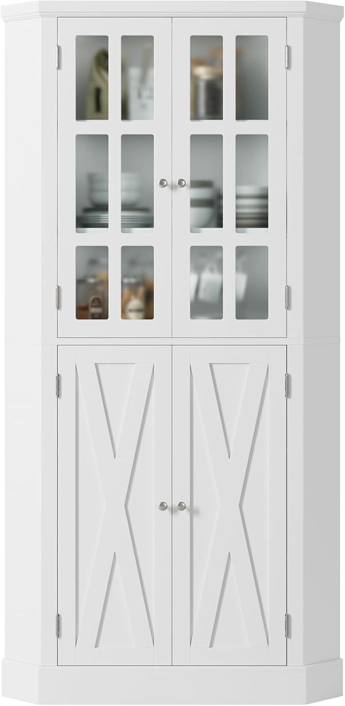 67" Corner Cabinet, Corner Kitchen Pantry with Doors, Farmhouse Kitchen Cabinet with 6 Storage Shelves, Space Saver for Bathroom, Living Dining Room, White