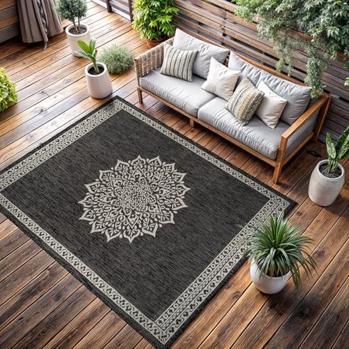 Outdoor Rug 6x9 Medallion Darkgray Modern Area Rugs for Indoor and Outdoor Patios Kitchen and Hallway Mats Washable Porch Deck Outside Carpet (60 Sq Ft)