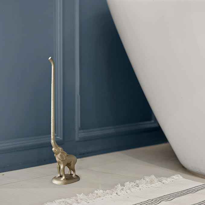 WallCharmers Gold Paper Towel Holder, Metal Toilet or Kitchen Paper Holder for Floor or Countertop, Gold Elephant