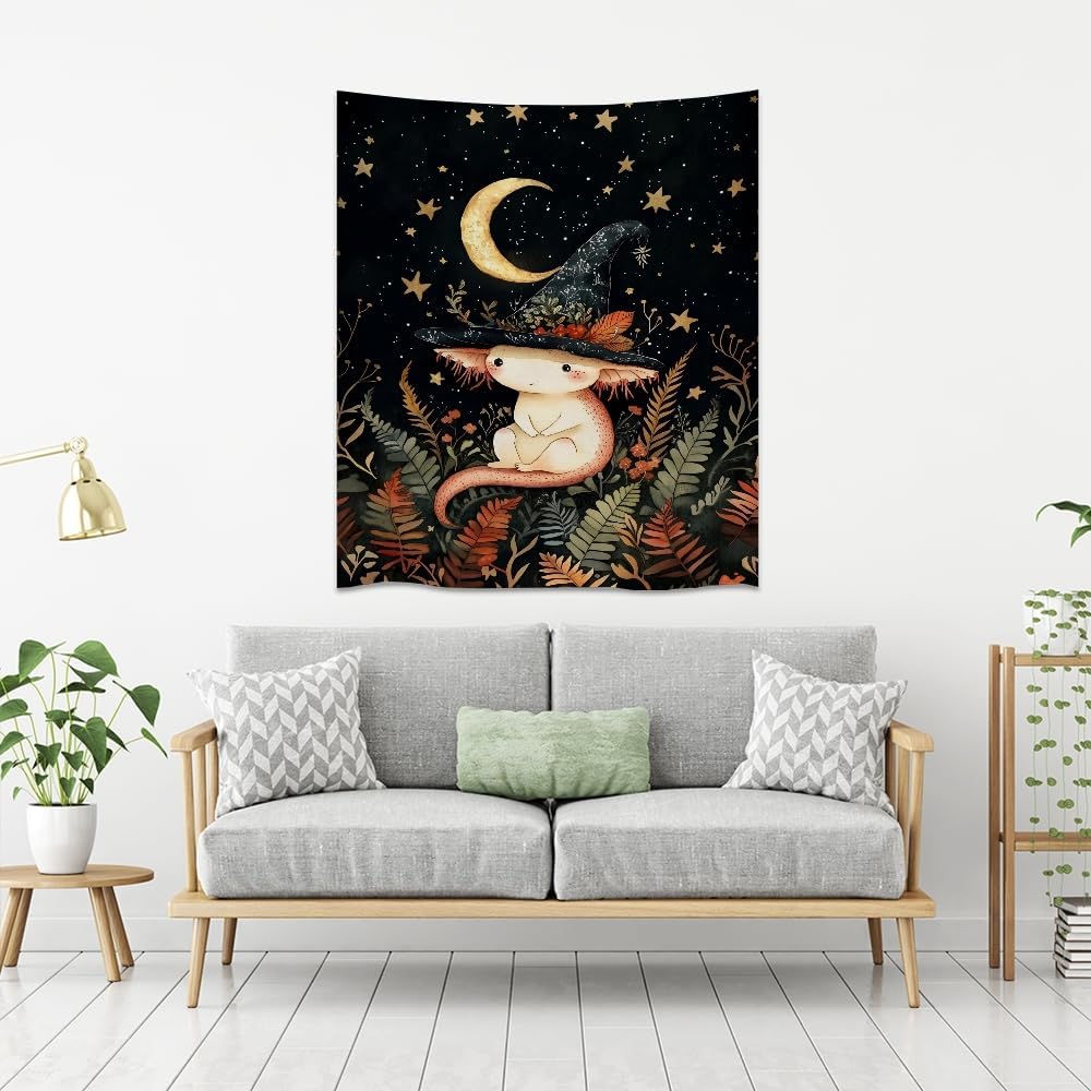 Whimsical Witch Tapestry Wall Hanging Decor Cute Axolotl Tapestry Magical Moon Animal Nursery Decoration Halloween Tapestries wall art for Home Kids Bedroom Living Room 70x90inch