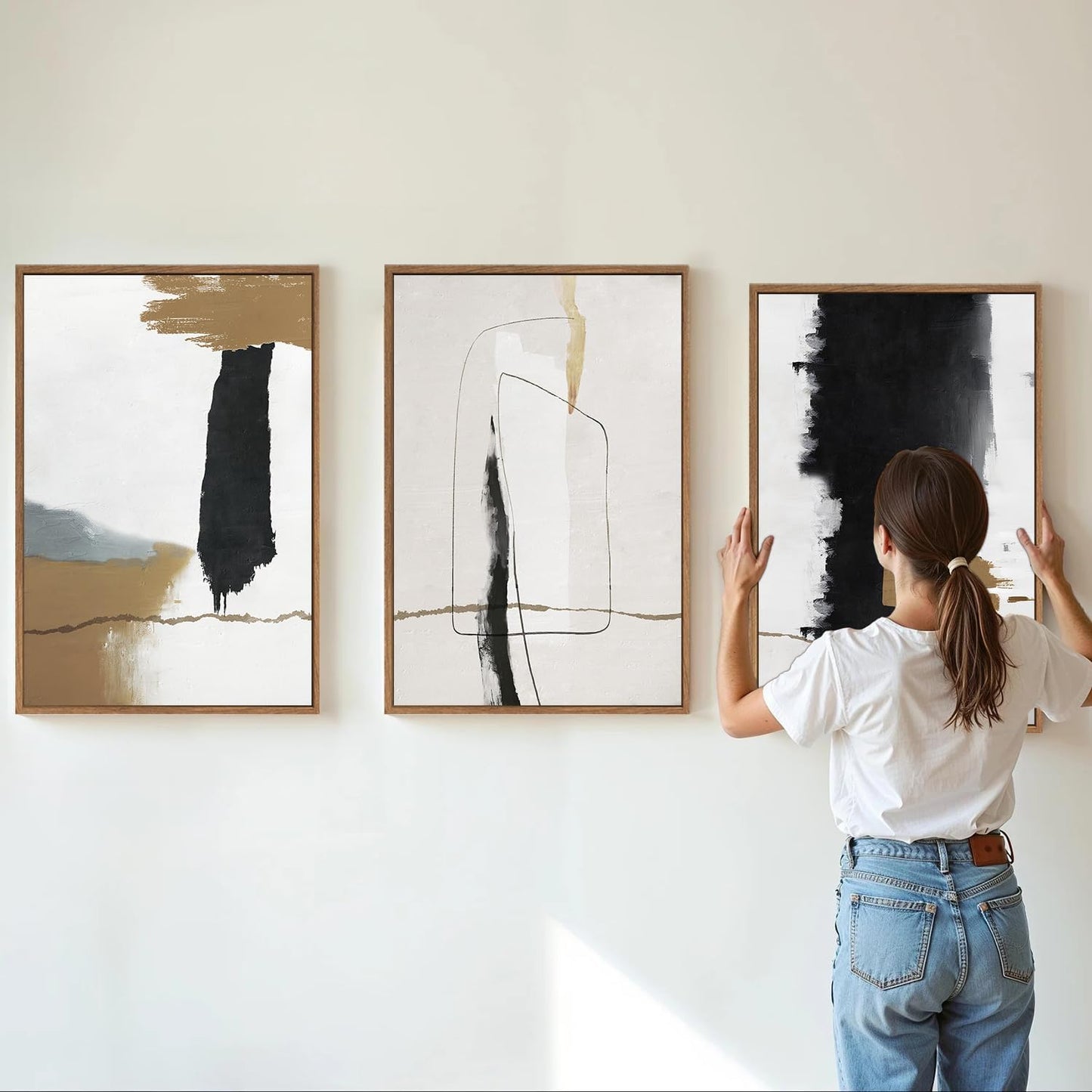 SIGNINART Black and White Abstract Framed Canvas Wall Art Set of 3, Beige Neutral Art Prints, Minimalist Modern Wall Decor for Living Room, Bedroom, Office,Above Couch 16"x24"x3