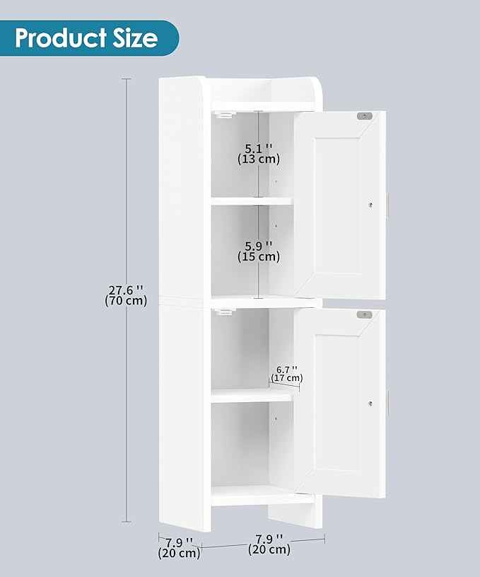 Rattan Small Bathroom Cabinet with 2 Doors, 7.9''D x 7.9''W Narrow Toilet Paper Storage Cabinet, Bathroom Organizer for Small Spaces, Slim Corner Unit with Adjustable Shelf, White Rattan