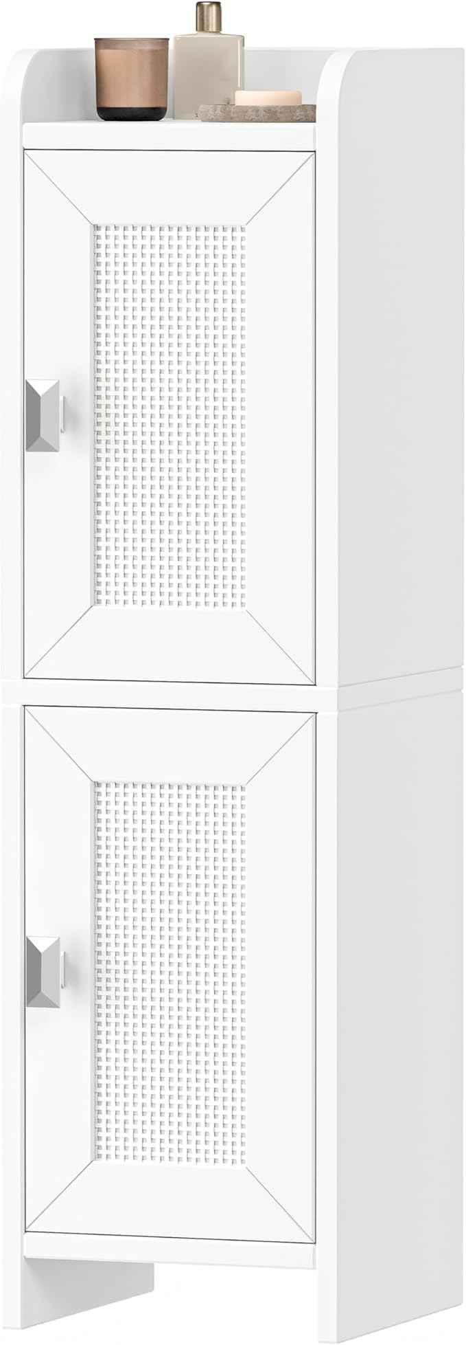 Rattan Small Bathroom Cabinet with 2 Doors, 7.9''D x 7.9''W Narrow Toilet Paper Storage Cabinet, Bathroom Organizer for Small Spaces, Slim Corner Unit with Adjustable Shelf, White Rattan