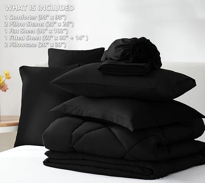 CozyLux Oversized Queen Comforter Set Black - 7 Pieces Bed in a Bag Comforter Set with Sheets, Luxury Soft Bed Set All Seasons, Bedding Set with Down Alternative Comforter, Sheets, Pillowcases & Shams