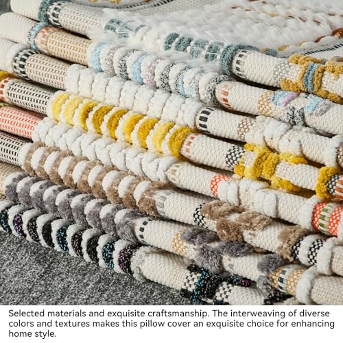 Set of 2 Chenille Striped Textured Boho Throw Pillow Covers Aesthetic with Tassels Woven Decorative Pillow Case for Couch Bed Sofa Bedroom Modern Funky 18 x 18 (2 Count)