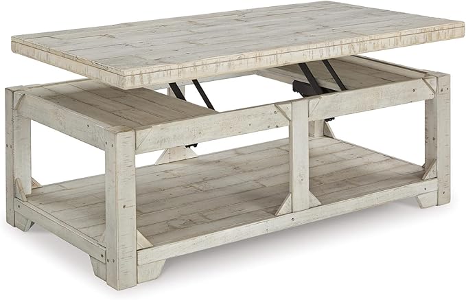 Signature Design by Ashley Fregine Farmhouse Rectangular Lift Top Coffee Table with Floor Shelf, Whitewash with Weathered Finish