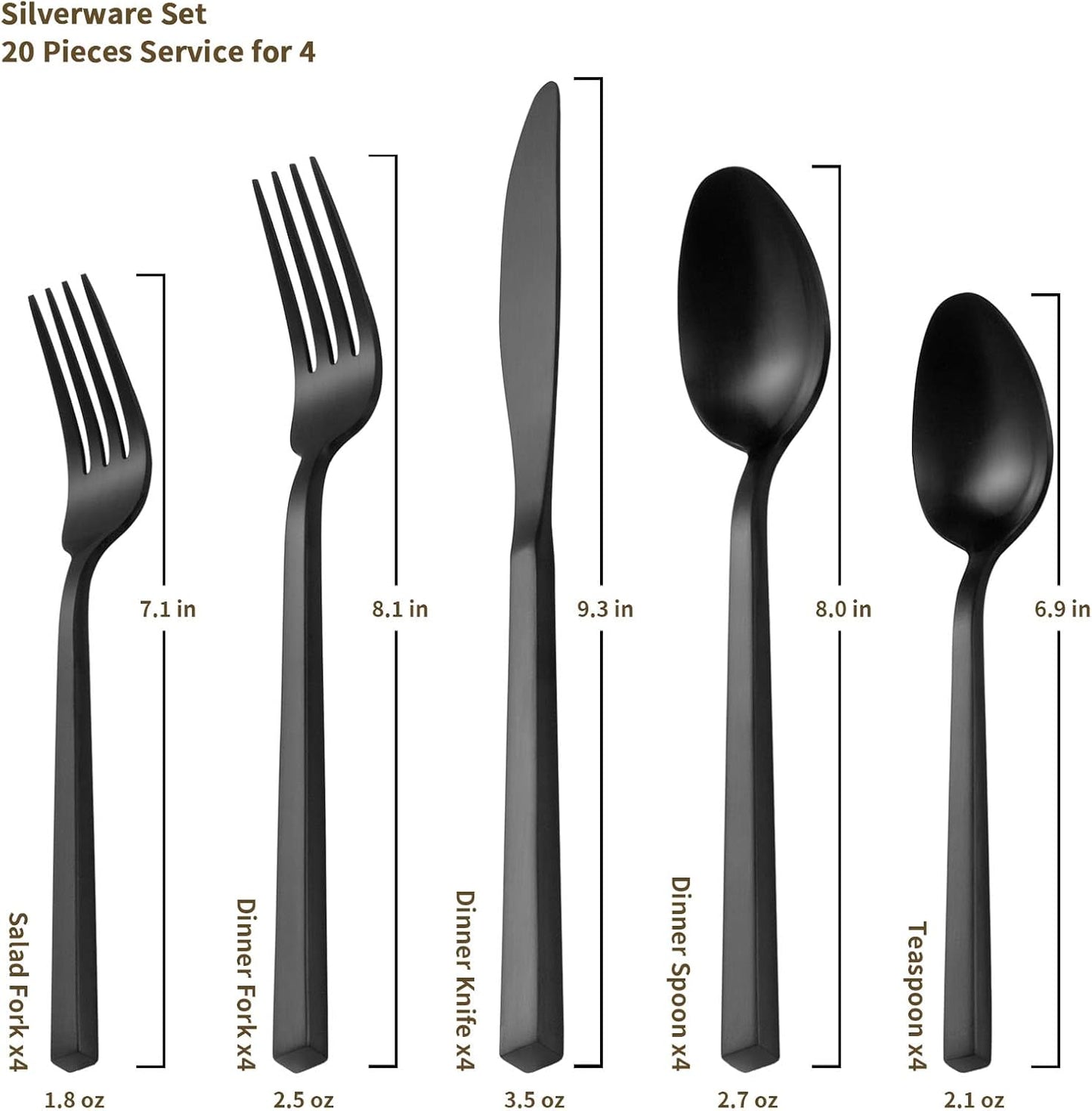 Alata Cube Black 20-Piece Forged Silverware Set Stainless Steel Flatware Set,Service for 4,Matte Satin Polished Cutlery Set,Dishwasher Safe