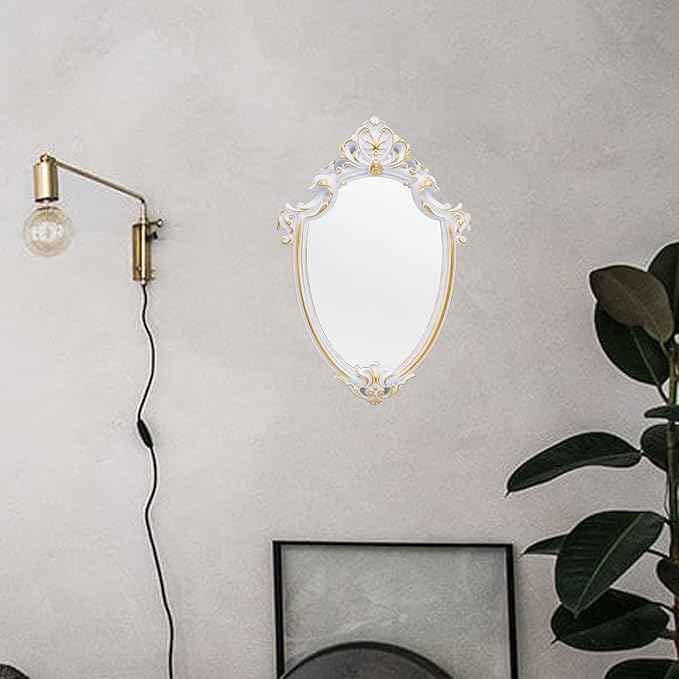 Eaoundm 16.5 x 11 inch Vintage Mirror Antique Mirror Decorative Wall Mirror Shield Shape (White)