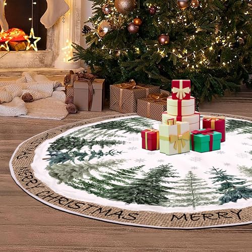 Christmas Tree Skirt 48 Inch Pine Trees Snowy Forest Christmas Tree Skirt Collar for Farmhouse Vintage Rustic Merry Christmas Xmas Winter Holiday Party Decoration